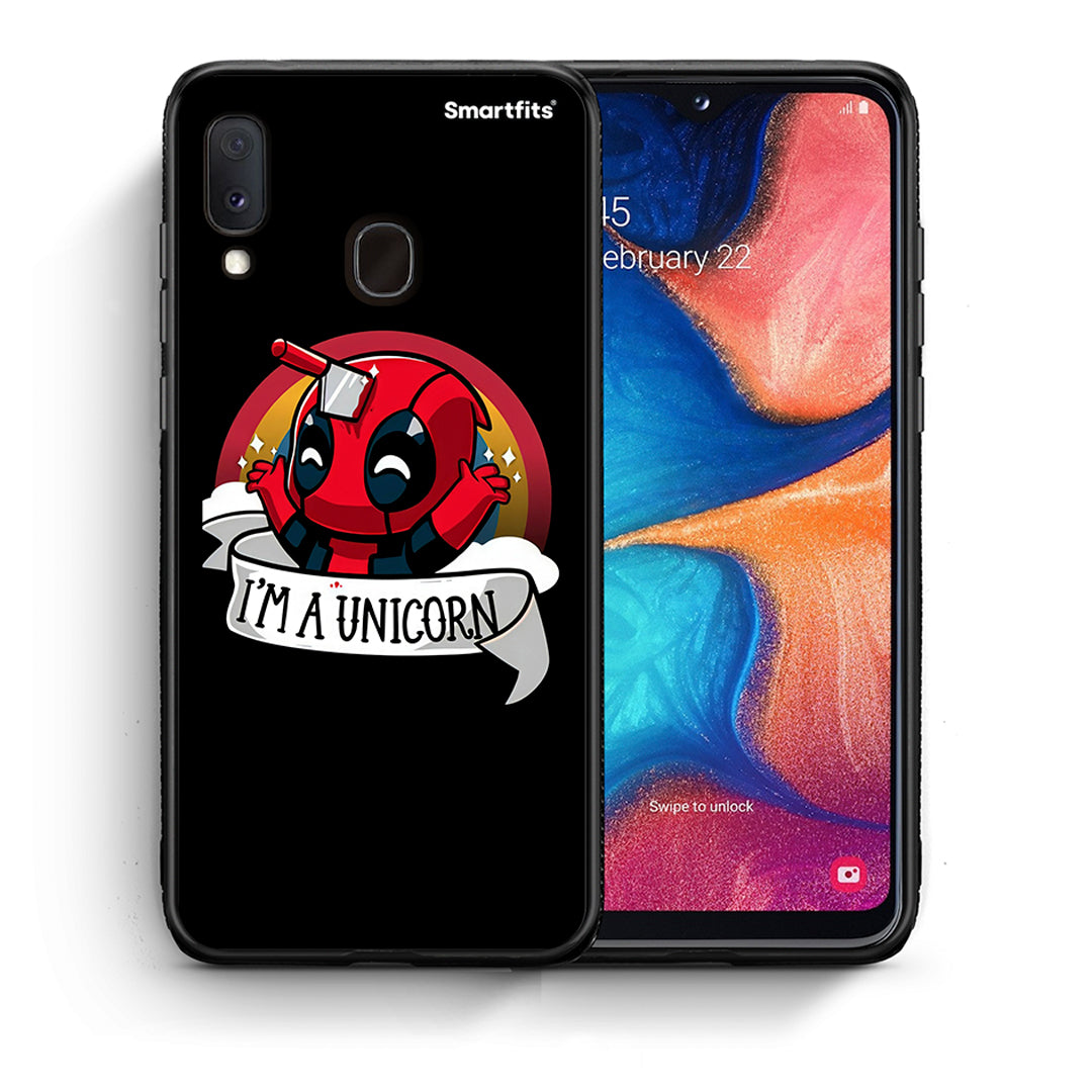 Θήκη Samsung Galaxy A30 Unicorn Deadpool από τη Smartfits με σχέδιο στο πίσω μέρος και μαύρο περίβλημα | Samsung Galaxy A30 Unicorn Deadpool case with colorful back and black bezels