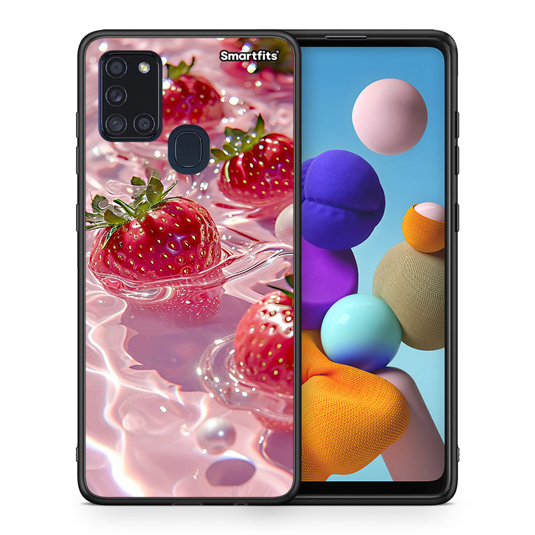 Θήκη Samsung A21s Juicy Strawberries από τη Smartfits με σχέδιο στο πίσω μέρος και μαύρο περίβλημα | Samsung A21s Juicy Strawberries case with colorful back and black bezels