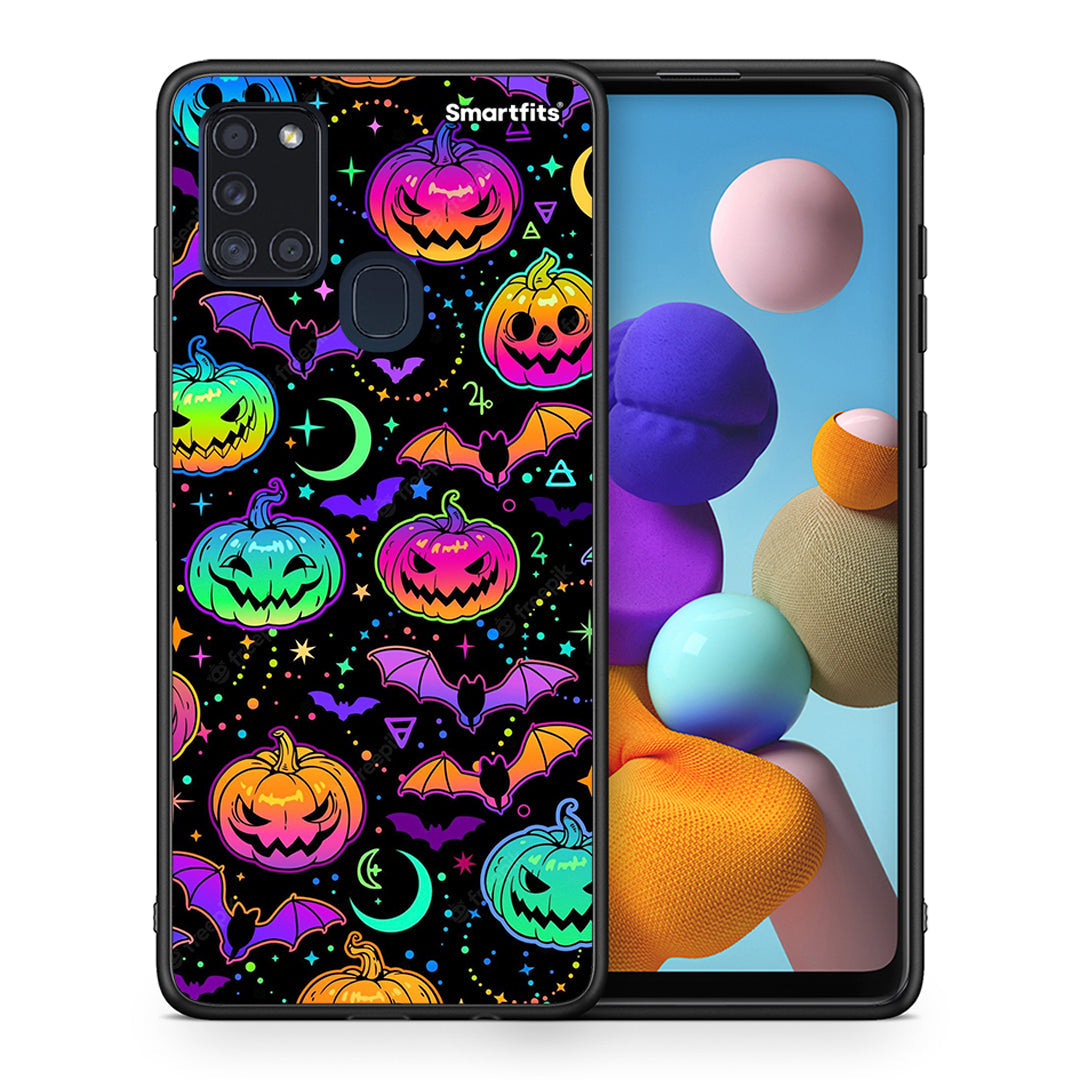 Θήκη Samsung A21s Neon Halloween από τη Smartfits με σχέδιο στο πίσω μέρος και μαύρο περίβλημα | Samsung A21s Neon Halloween case with colorful back and black bezels