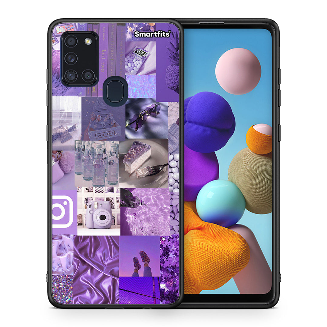 Θήκη Samsung A21s Purple Aesthetic Collage από τη Smartfits με σχέδιο στο πίσω μέρος και μαύρο περίβλημα | Samsung A21s Purple Aesthetic Collage case with colorful back and black bezels