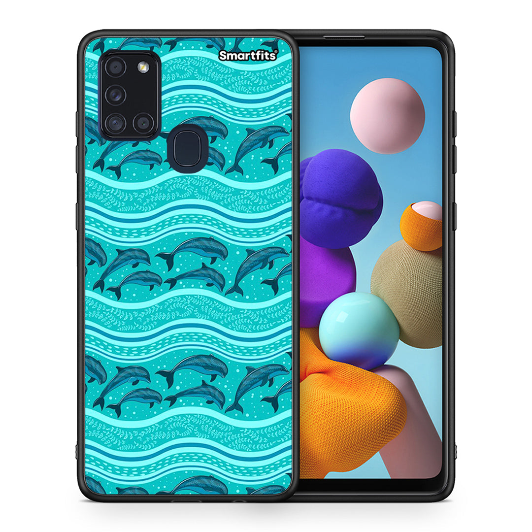 Θήκη Samsung A21s Swimming Dolphins από τη Smartfits με σχέδιο στο πίσω μέρος και μαύρο περίβλημα | Samsung A21s Swimming Dolphins case with colorful back and black bezels