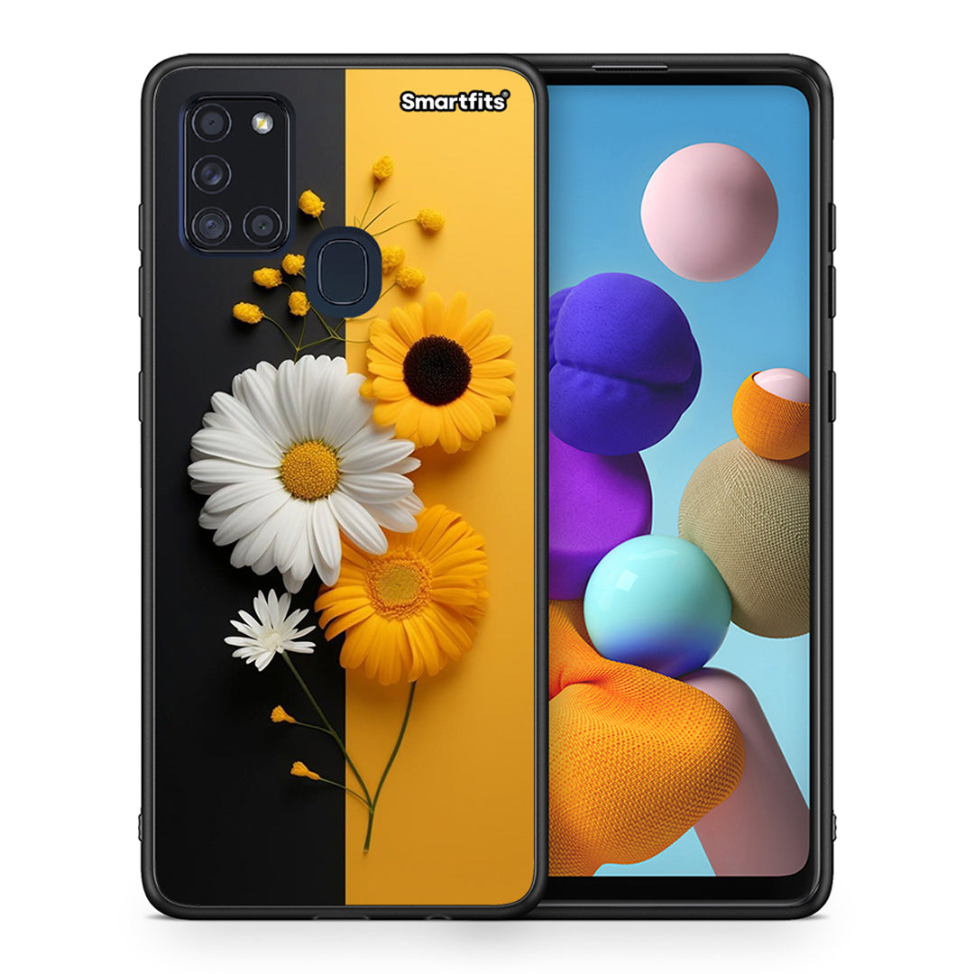 Θήκη Samsung A21s Yellow Daisies από τη Smartfits με σχέδιο στο πίσω μέρος και μαύρο περίβλημα | Samsung A21s Yellow Daisies case with colorful back and black bezels