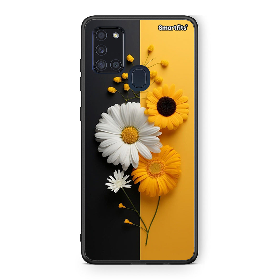 Samsung A21s Yellow Daisies θήκη από τη Smartfits με σχέδιο στο πίσω μέρος και μαύρο περίβλημα | Smartphone case with colorful back and black bezels by Smartfits