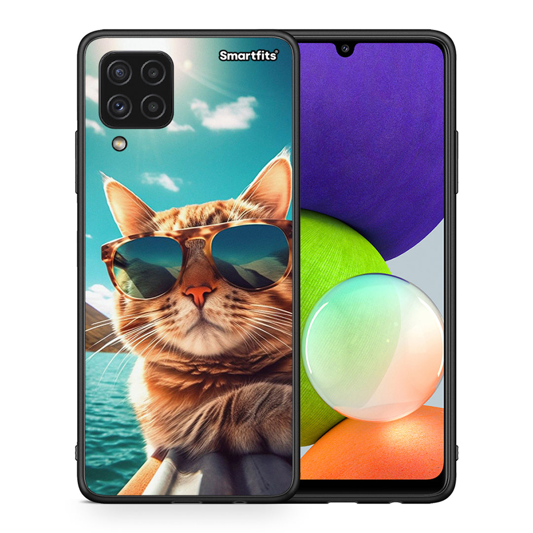 Θήκη Samsung A22 4G Summer Cat από τη Smartfits με σχέδιο στο πίσω μέρος και μαύρο περίβλημα | Samsung A22 4G Summer Cat case with colorful back and black bezels