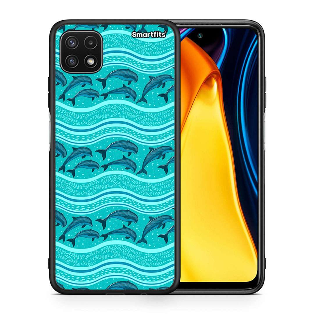 Θήκη Samsung A22 5G Swimming Dolphins από τη Smartfits με σχέδιο στο πίσω μέρος και μαύρο περίβλημα | Samsung A22 5G Swimming Dolphins case with colorful back and black bezels