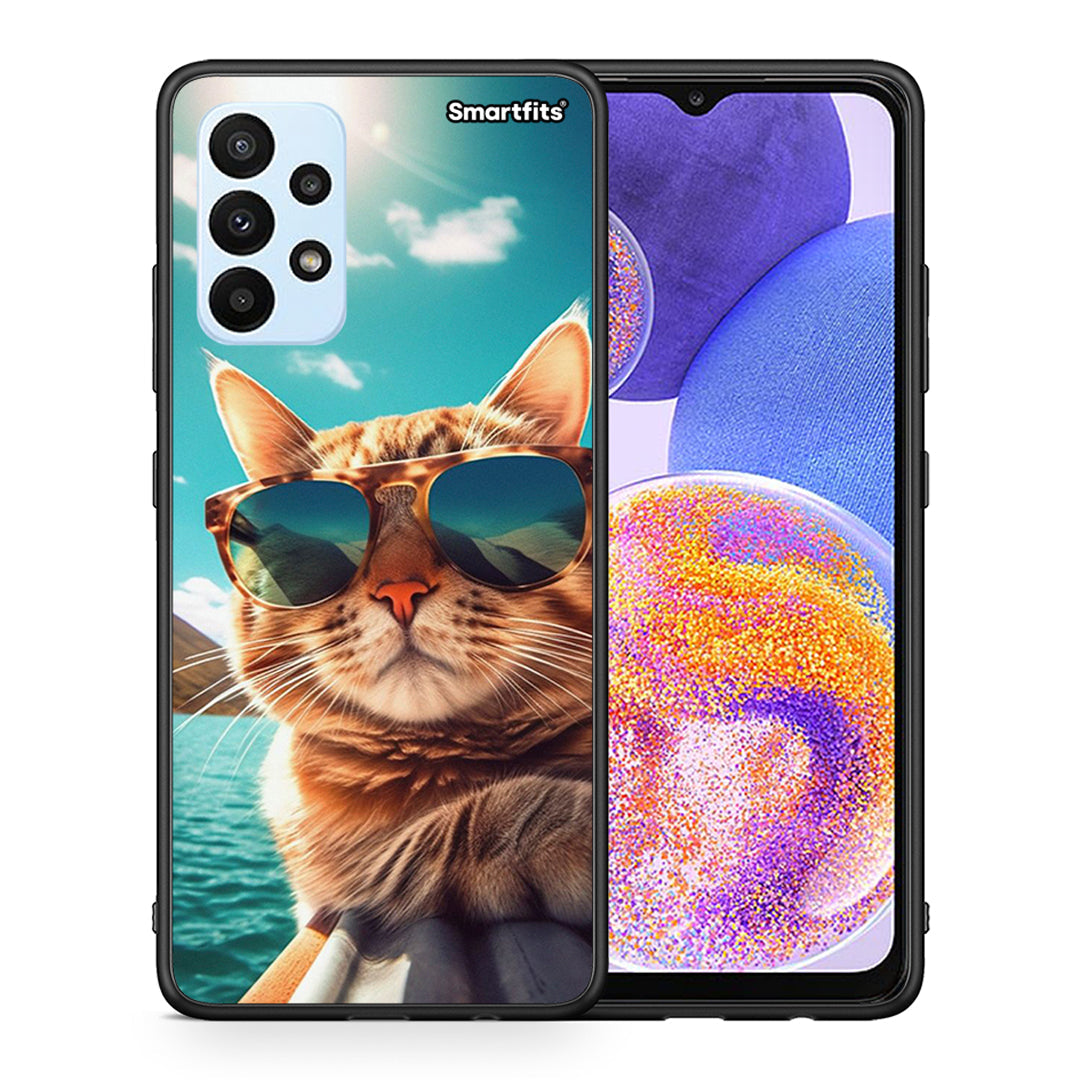 Θήκη Samsung A23 Summer Cat από τη Smartfits με σχέδιο στο πίσω μέρος και μαύρο περίβλημα | Samsung A23 Summer Cat case with colorful back and black bezels