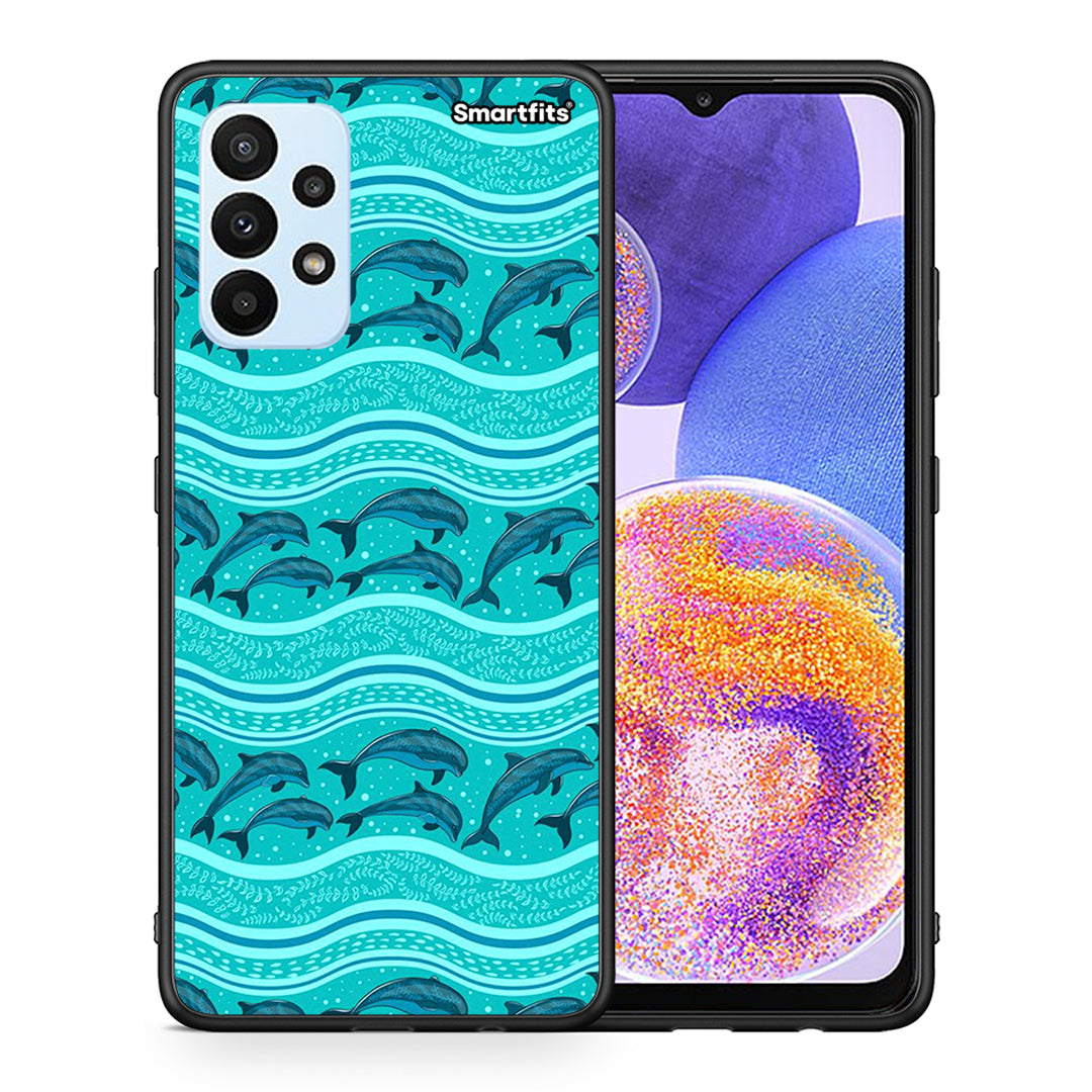 Θήκη Samsung A23 Swimming Dolphins από τη Smartfits με σχέδιο στο πίσω μέρος και μαύρο περίβλημα | Samsung A23 Swimming Dolphins case with colorful back and black bezels