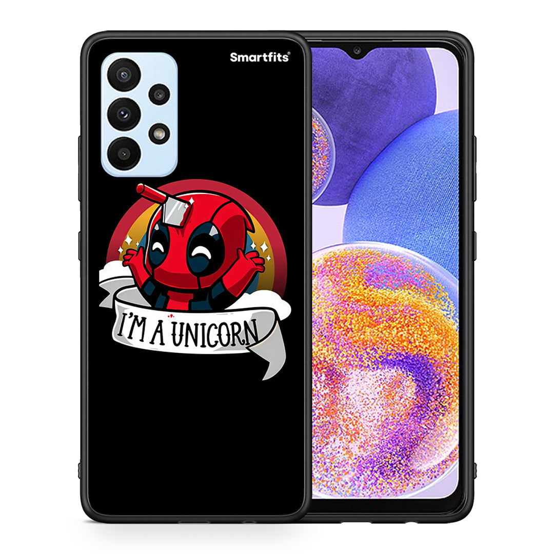 Θήκη Samsung A23 Unicorn Deadpool από τη Smartfits με σχέδιο στο πίσω μέρος και μαύρο περίβλημα | Samsung A23 Unicorn Deadpool case with colorful back and black bezels