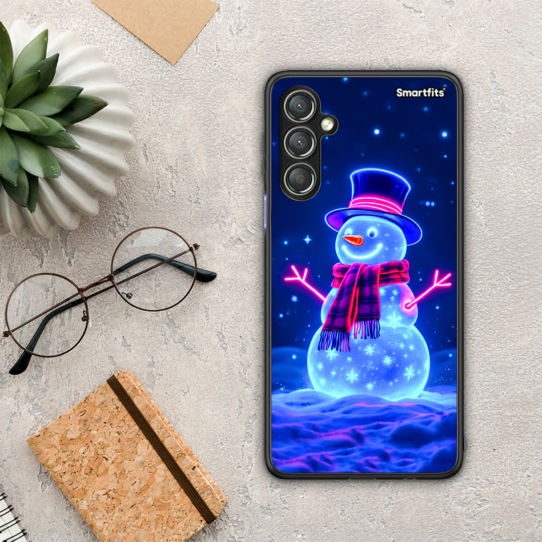 Θήκη Samsung Galaxy A24 4G Christmas Neon Snowman από τη Smartfits με σχέδιο στο πίσω μέρος και μαύρο περίβλημα | Samsung Galaxy A24 4G Christmas Neon Snowman Case with Colorful Back and Black Bezels