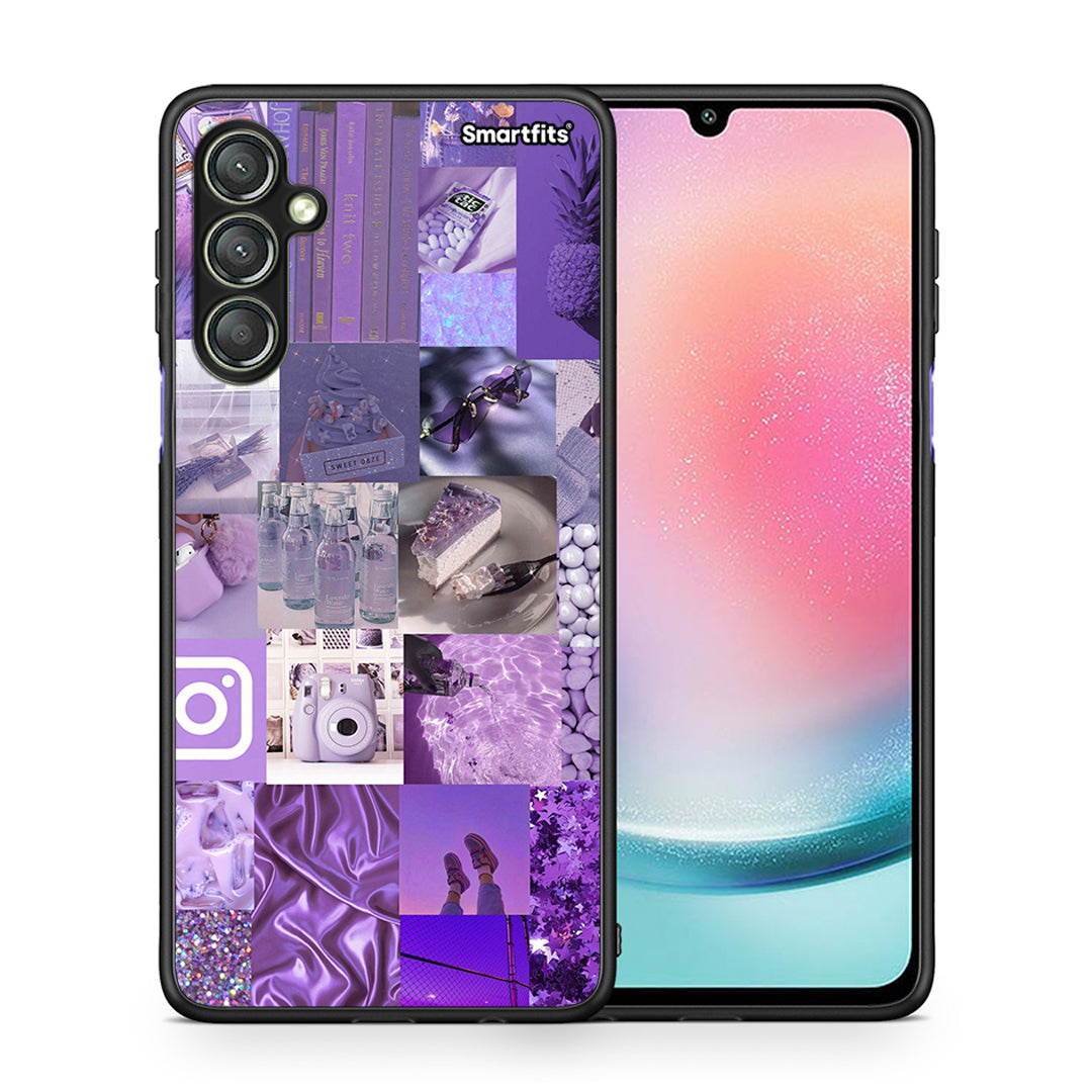 Θήκη Samsung Galaxy A24 4G Purple Aesthetic Collage από τη Smartfits με σχέδιο στο πίσω μέρος και μαύρο περίβλημα | Samsung Galaxy A24 4G Purple Aesthetic Collage Case with Colorful Back and Black Bezels