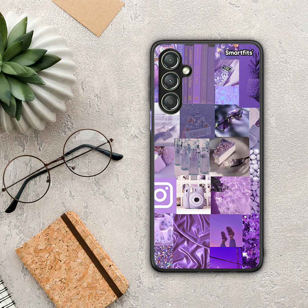 Θήκη Samsung Galaxy A24 4G Purple Aesthetic Collage από τη Smartfits με σχέδιο στο πίσω μέρος και μαύρο περίβλημα | Samsung Galaxy A24 4G Purple Aesthetic Collage Case with Colorful Back and Black Bezels