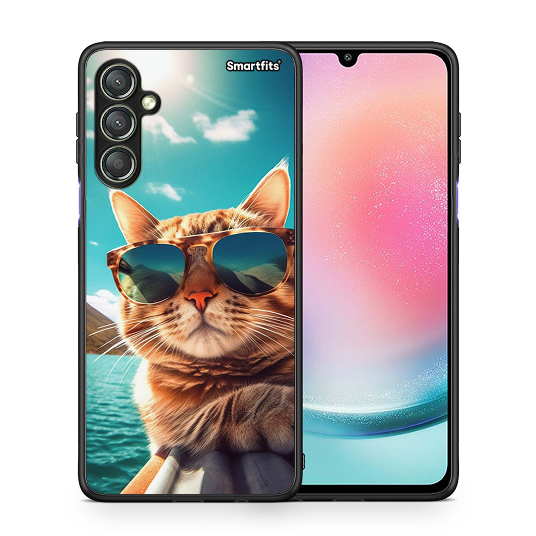 Θήκη Samsung Galaxy A24 4G Summer Cat από τη Smartfits με σχέδιο στο πίσω μέρος και μαύρο περίβλημα | Samsung Galaxy A24 4G Summer Cat Case with Colorful Back and Black Bezels