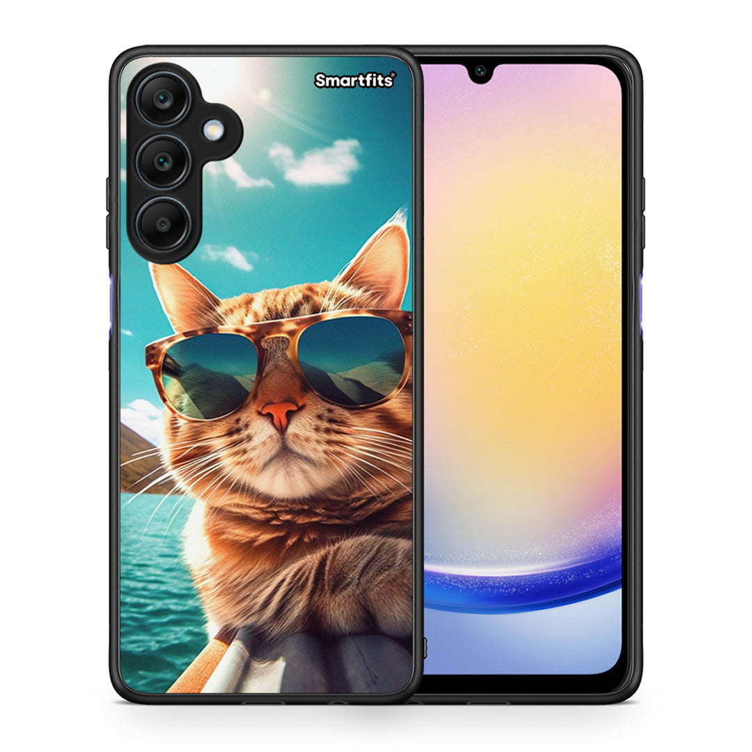 Θήκη Samsung Galaxy A25 5G Summer Cat από τη Smartfits με σχέδιο στο πίσω μέρος και μαύρο περίβλημα | Samsung Galaxy A25 5G Summer Cat case with colorful back and black bezels