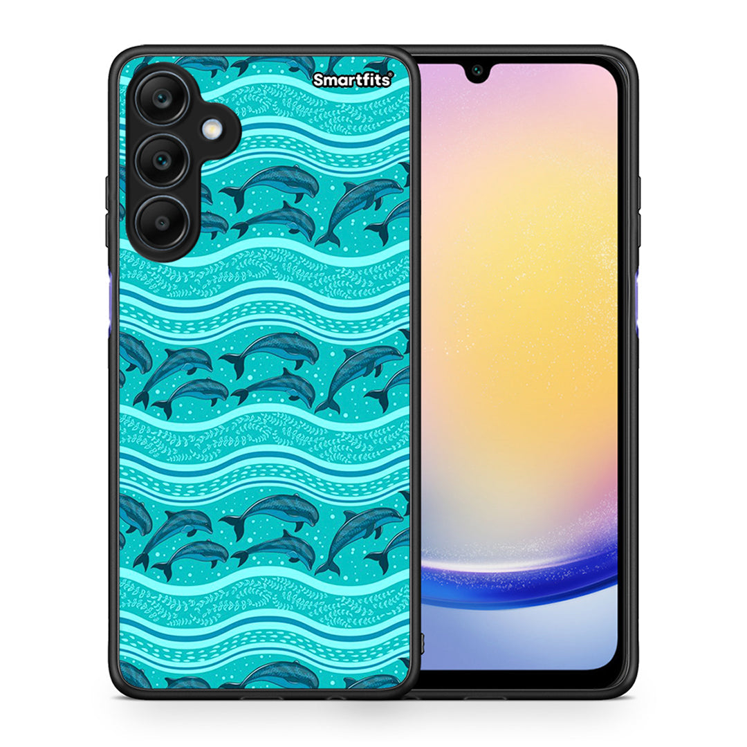 Θήκη Samsung Galaxy A25 5G Swimming Dolphins από τη Smartfits με σχέδιο στο πίσω μέρος και μαύρο περίβλημα | Samsung Galaxy A25 5G Swimming Dolphins case with colorful back and black bezels