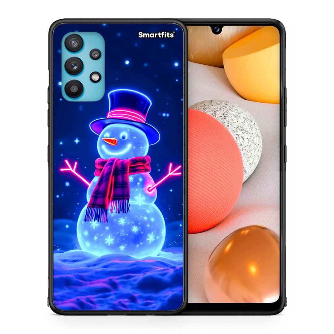 Θήκη Samsung Galaxy A32 5G  Christmas Neon Snowman από τη Smartfits με σχέδιο στο πίσω μέρος και μαύρο περίβλημα | Samsung Galaxy A32 5G  Christmas Neon Snowman case with colorful back and black bezels