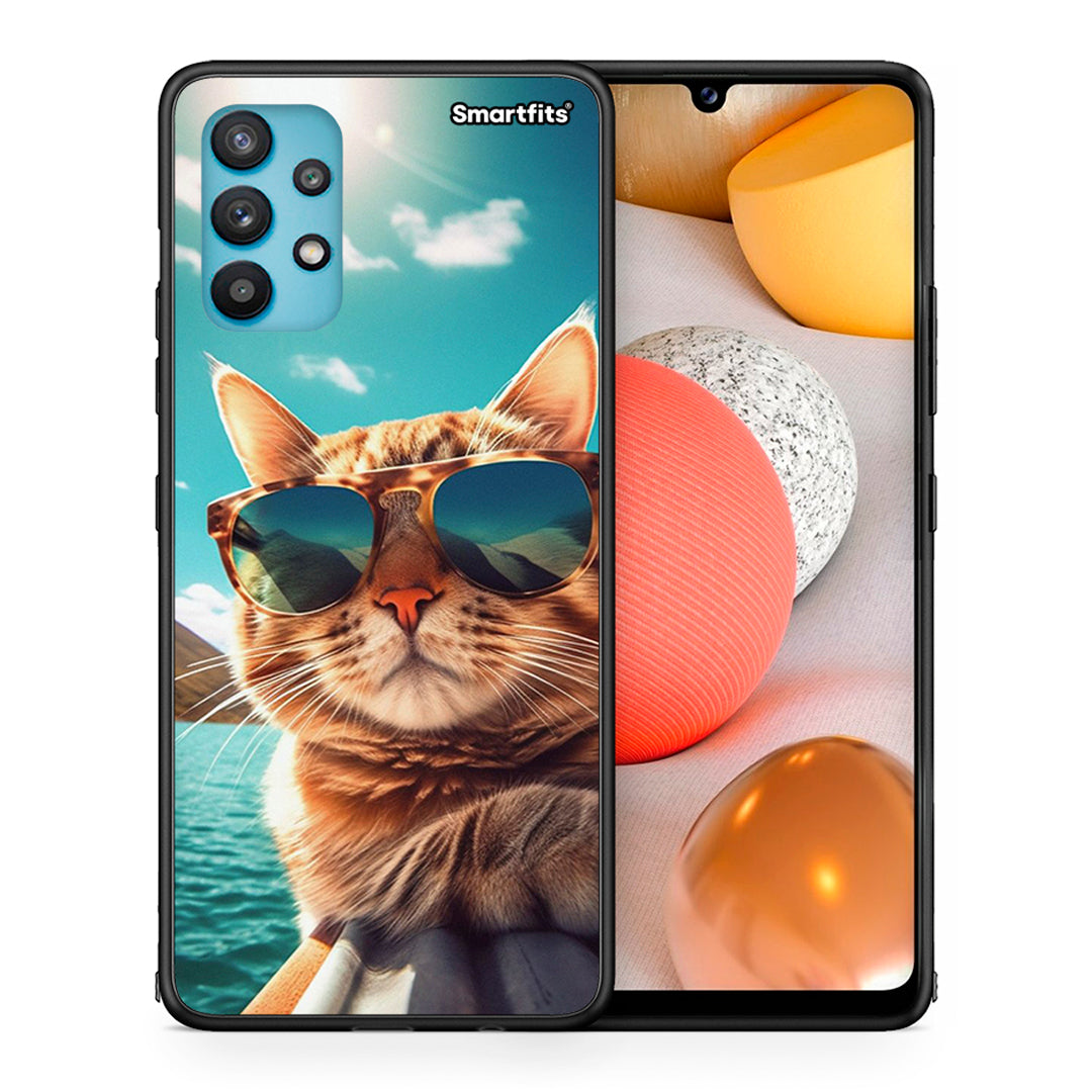 Θήκη Samsung Galaxy A32 5G  Summer Cat από τη Smartfits με σχέδιο στο πίσω μέρος και μαύρο περίβλημα | Samsung Galaxy A32 5G  Summer Cat case with colorful back and black bezels