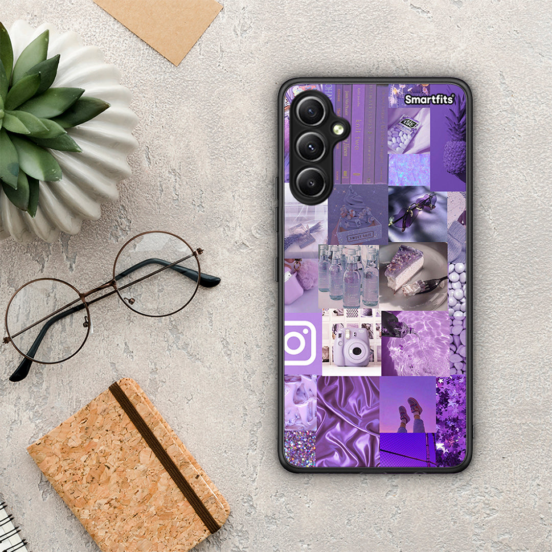 Θήκη Samsung Galaxy A34 Purple Aesthetic Collage από τη Smartfits με σχέδιο στο πίσω μέρος και μαύρο περίβλημα | Samsung Galaxy A34 Purple Aesthetic Collage Case with Colorful Back and Black Bezels