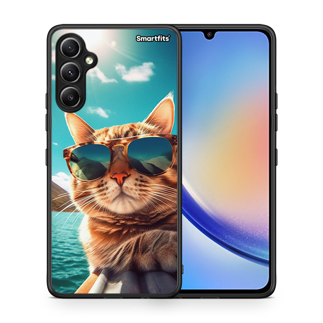 Θήκη Samsung Galaxy A34 Summer Cat από τη Smartfits με σχέδιο στο πίσω μέρος και μαύρο περίβλημα | Samsung Galaxy A34 Summer Cat Case with Colorful Back and Black Bezels