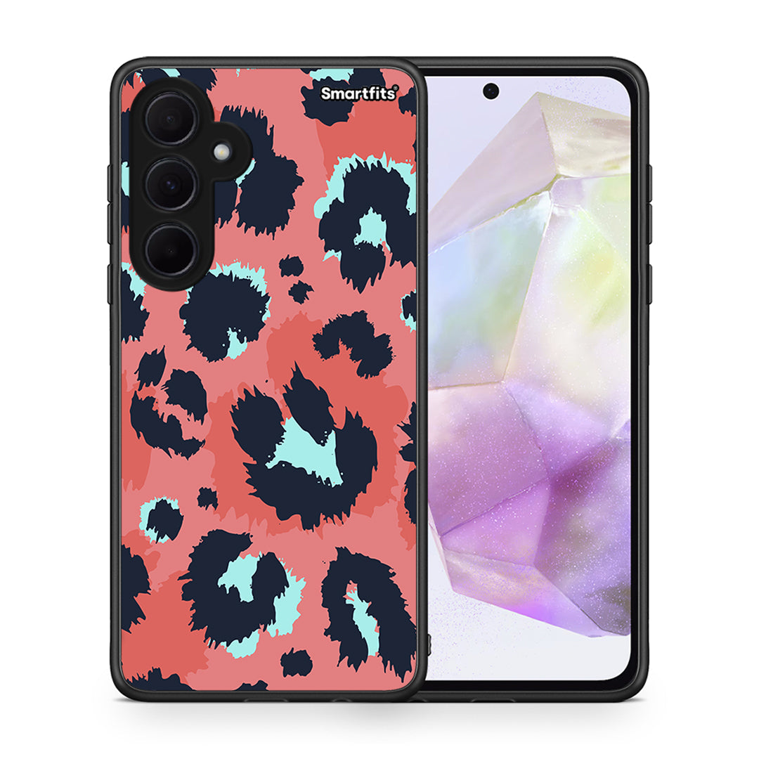 Θήκη Samsung Galaxy A35 Pink Leopard Animal από τη Smartfits με σχέδιο στο πίσω μέρος και μαύρο περίβλημα | Samsung Galaxy A35 Pink Leopard Animal case with colorful back and black bezels