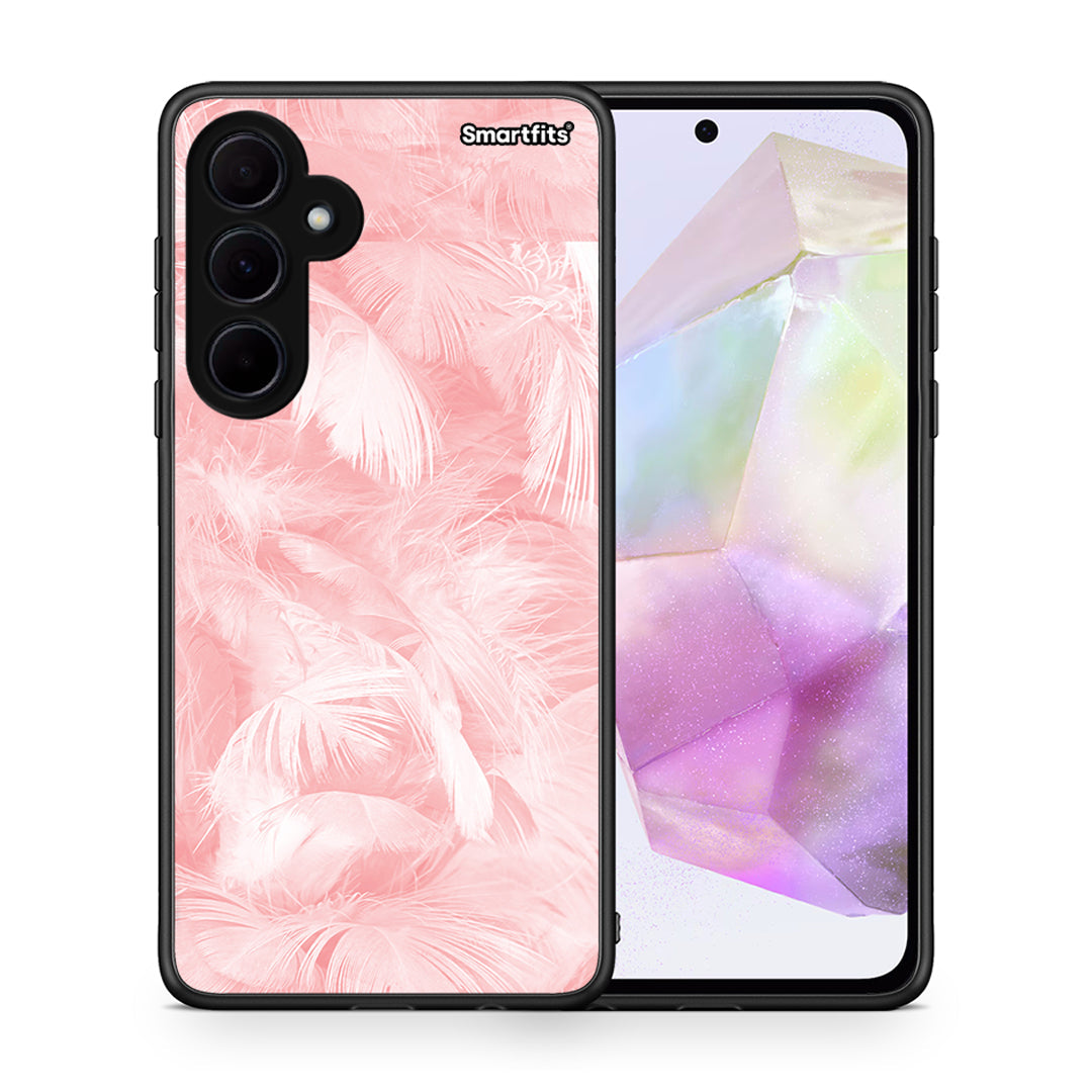 Θήκη Samsung Galaxy A35 Pink Feather Boho από τη Smartfits με σχέδιο στο πίσω μέρος και μαύρο περίβλημα | Samsung Galaxy A35 Pink Feather Boho case with colorful back and black bezels