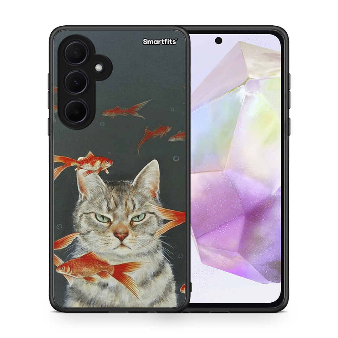 Θήκη Samsung Galaxy A35 Cat Goldfish από τη Smartfits με σχέδιο στο πίσω μέρος και μαύρο περίβλημα | Samsung Galaxy A35 Cat Goldfish case with colorful back and black bezels