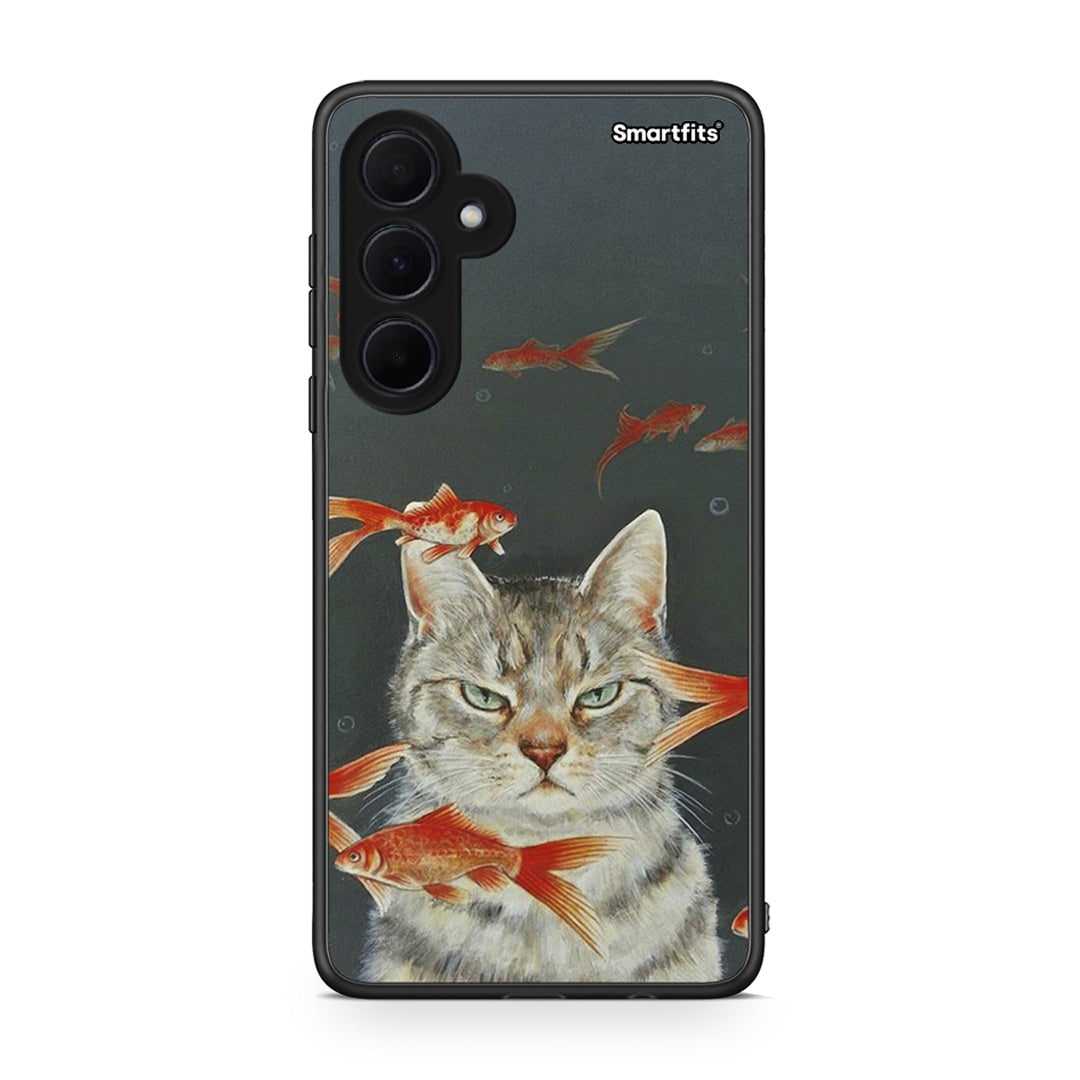 Samsung Galaxy A35 Cat Goldfish θήκη από τη Smartfits με σχέδιο στο πίσω μέρος και μαύρο περίβλημα | Smartphone case with colorful back and black bezels by Smartfits