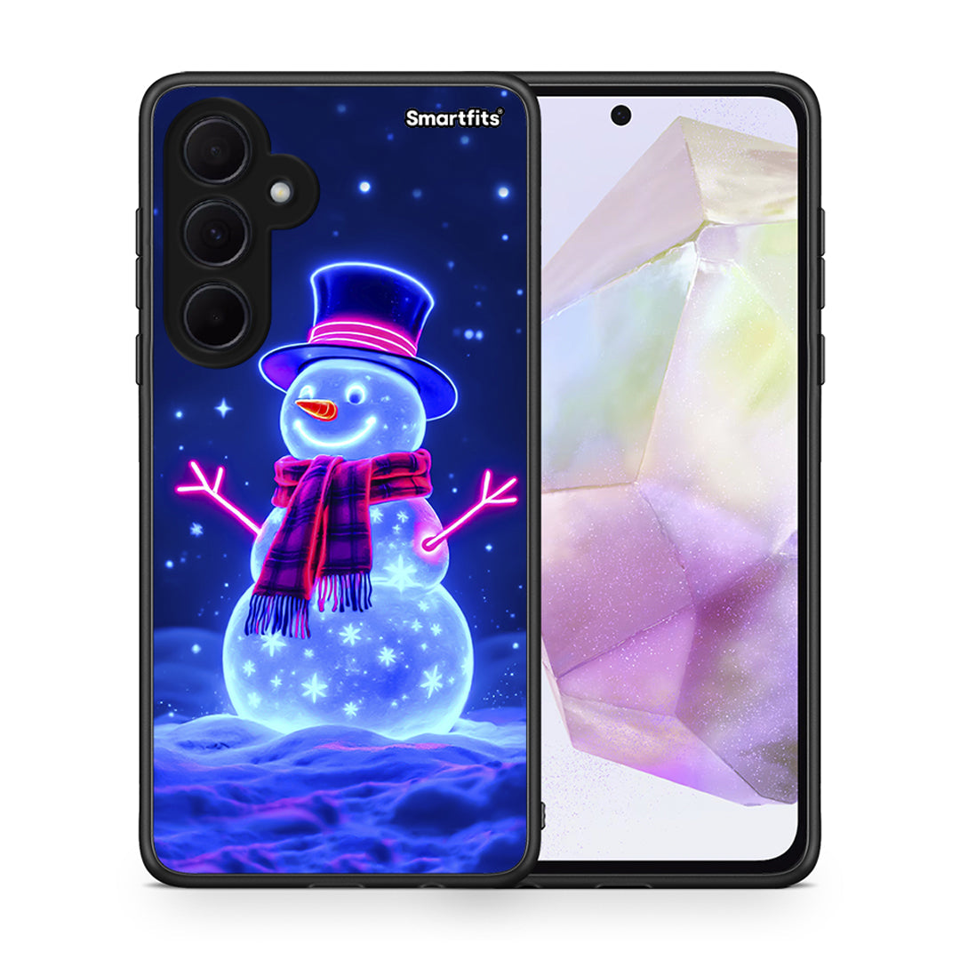 Θήκη Samsung Galaxy A35 Christmas Neon Snowman από τη Smartfits με σχέδιο στο πίσω μέρος και μαύρο περίβλημα | Samsung Galaxy A35 Christmas Neon Snowman case with colorful back and black bezels