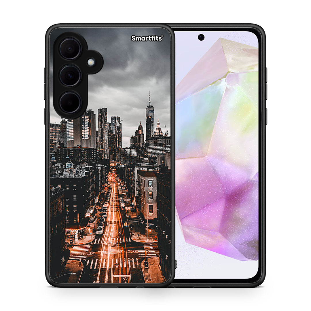 Θήκη Samsung Galaxy A35 City Lights από τη Smartfits με σχέδιο στο πίσω μέρος και μαύρο περίβλημα | Samsung Galaxy A35 City Lights case with colorful back and black bezels