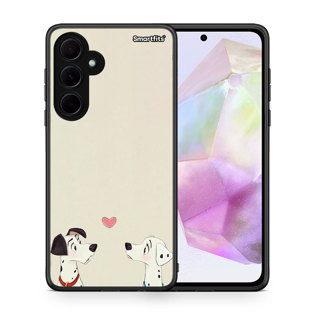 Θήκη Samsung Galaxy A35 Dalmatians Love από τη Smartfits με σχέδιο στο πίσω μέρος και μαύρο περίβλημα | Samsung Galaxy A35 Dalmatians Love case with colorful back and black bezels