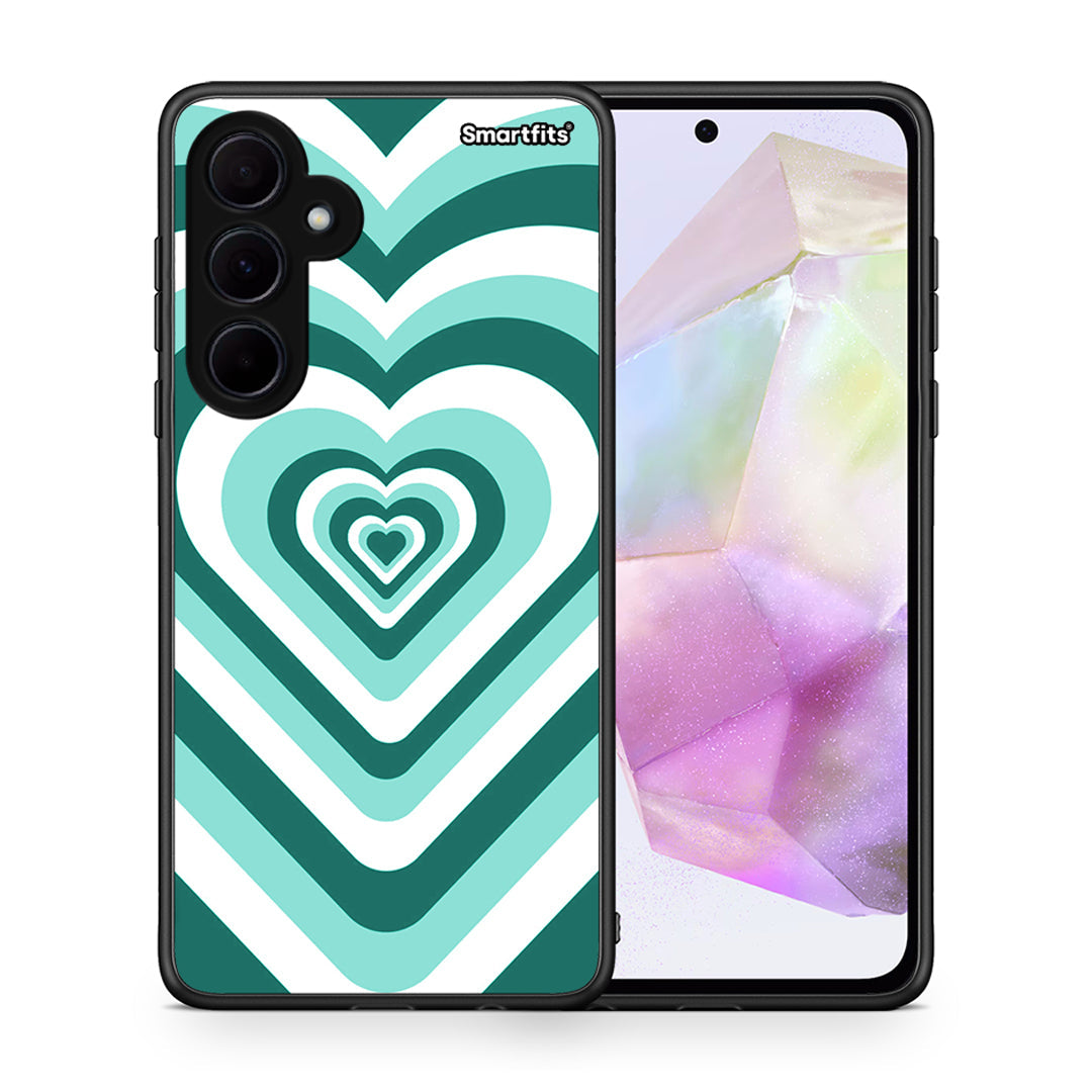 Θήκη Samsung Galaxy A35 Green Hearts από τη Smartfits με σχέδιο στο πίσω μέρος και μαύρο περίβλημα | Samsung Galaxy A35 Green Hearts case with colorful back and black bezels