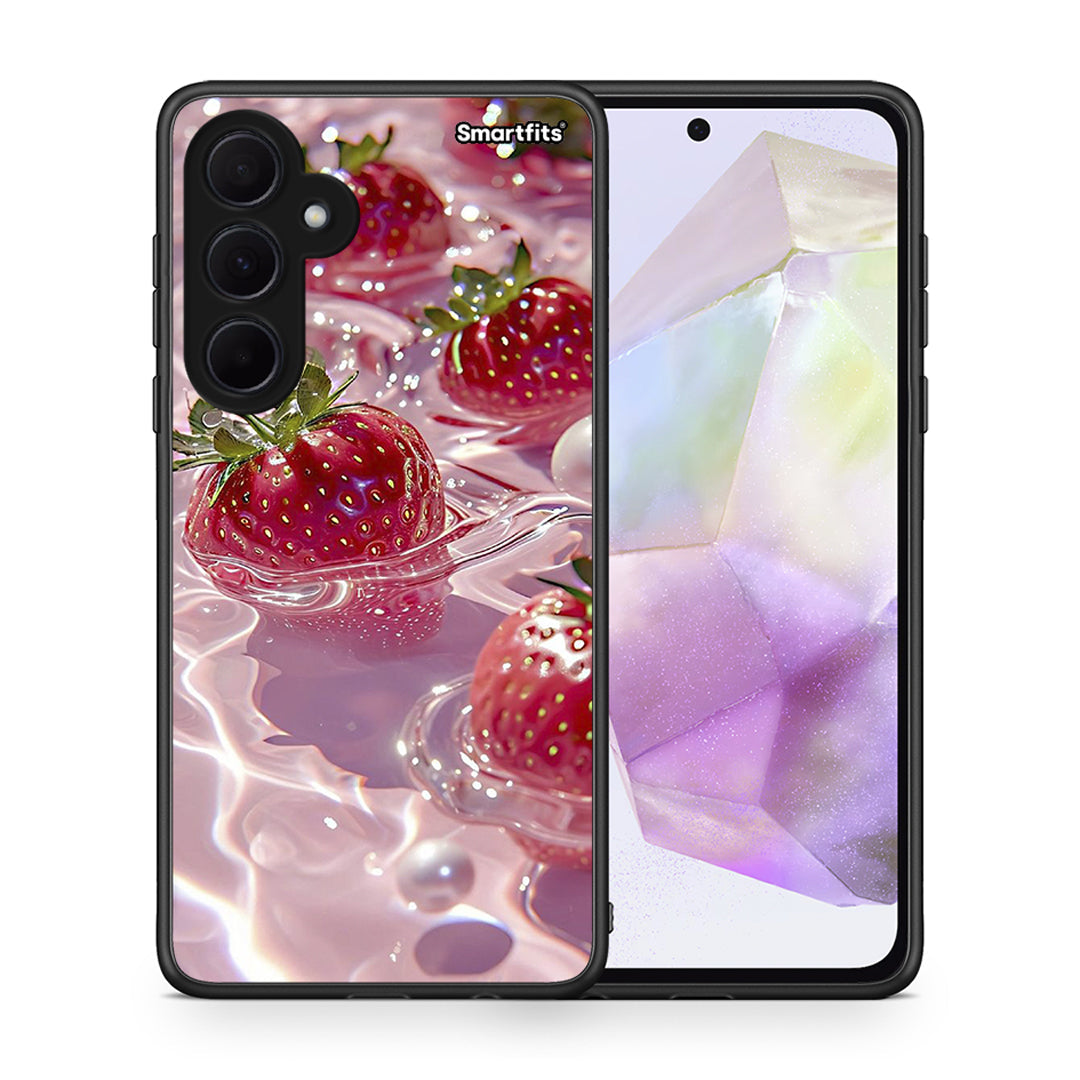 Θήκη Samsung Galaxy A35 Juicy Strawberries από τη Smartfits με σχέδιο στο πίσω μέρος και μαύρο περίβλημα | Samsung Galaxy A35 Juicy Strawberries case with colorful back and black bezels