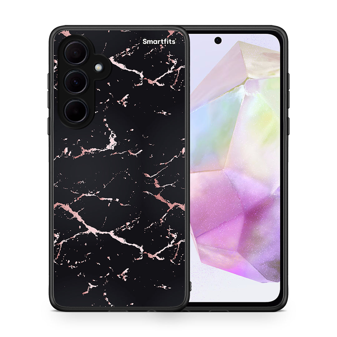 Θήκη Samsung Galaxy A35 Black Rosegold Marble από τη Smartfits με σχέδιο στο πίσω μέρος και μαύρο περίβλημα | Samsung Galaxy A35 Black Rosegold Marble case with colorful back and black bezels