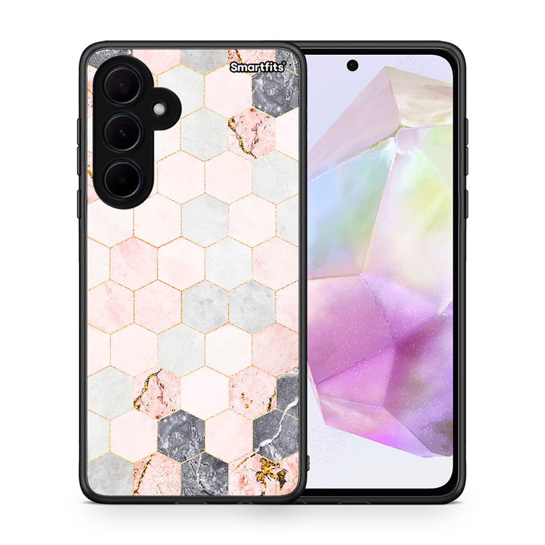 Θήκη Samsung Galaxy A35 Hexagon Pink Marble από τη Smartfits με σχέδιο στο πίσω μέρος και μαύρο περίβλημα | Samsung Galaxy A35 Hexagon Pink Marble case with colorful back and black bezels