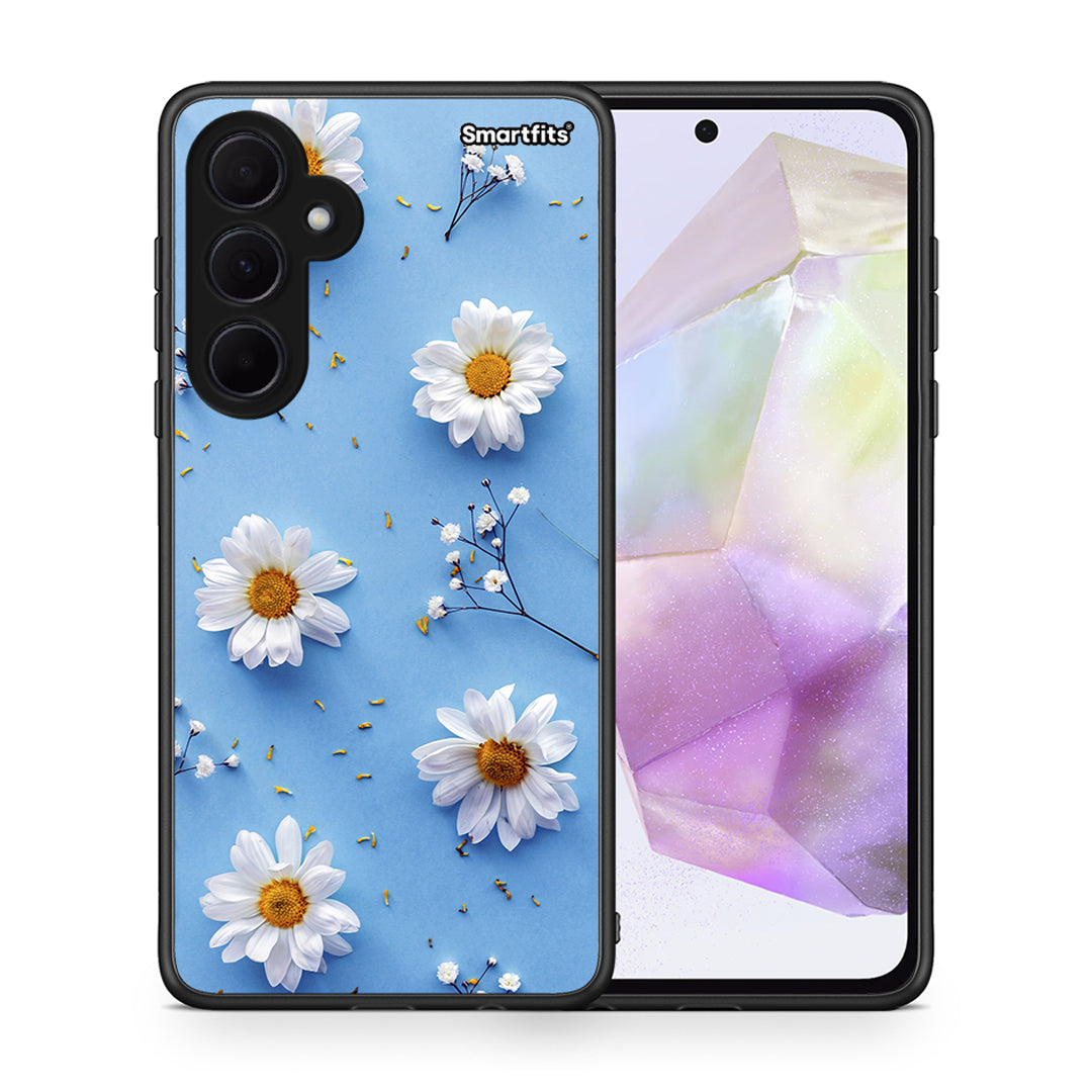 Θήκη Samsung Galaxy A35 Real Daisies από τη Smartfits με σχέδιο στο πίσω μέρος και μαύρο περίβλημα | Samsung Galaxy A35 Real Daisies case with colorful back and black bezels