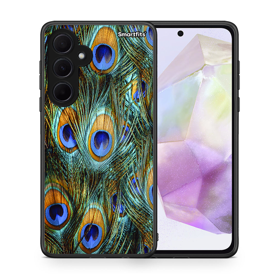 Θήκη Samsung Galaxy A35 Real Peacock Feathers από τη Smartfits με σχέδιο στο πίσω μέρος και μαύρο περίβλημα | Samsung Galaxy A35 Real Peacock Feathers case with colorful back and black bezels