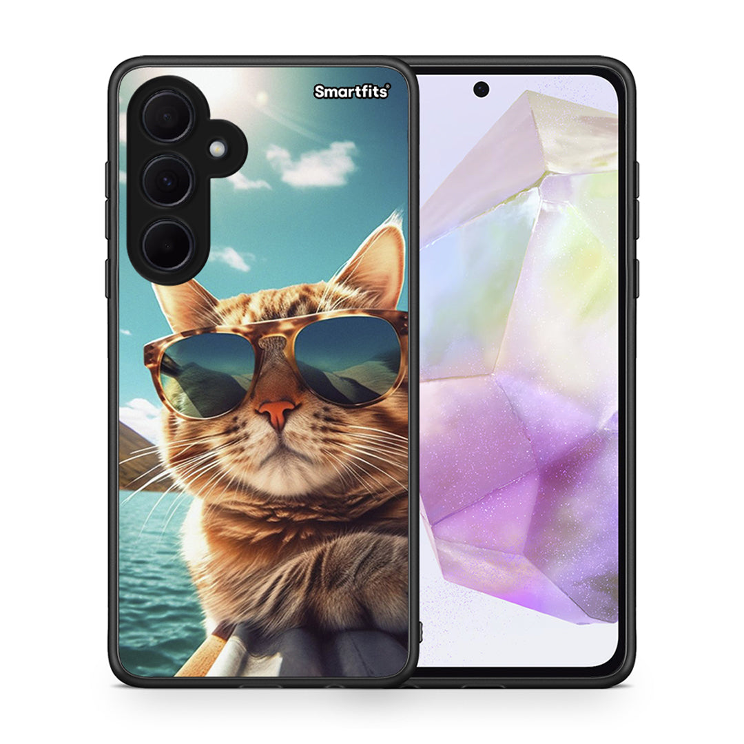 Θήκη Samsung Galaxy A35 Summer Cat από τη Smartfits με σχέδιο στο πίσω μέρος και μαύρο περίβλημα | Samsung Galaxy A35 Summer Cat case with colorful back and black bezels