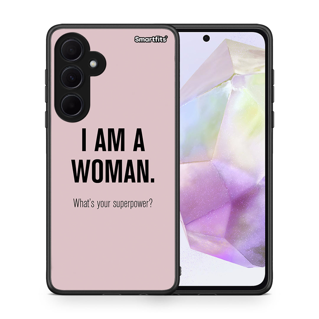 Θήκη Samsung Galaxy A35 Superpower Woman από τη Smartfits με σχέδιο στο πίσω μέρος και μαύρο περίβλημα | Samsung Galaxy A35 Superpower Woman case with colorful back and black bezels