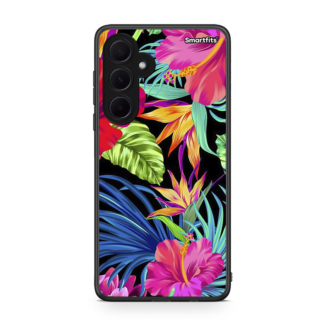 Samsung Galaxy A35 Tropical Flowers θήκη από τη Smartfits με σχέδιο στο πίσω μέρος και μαύρο περίβλημα | Smartphone case with colorful back and black bezels by Smartfits