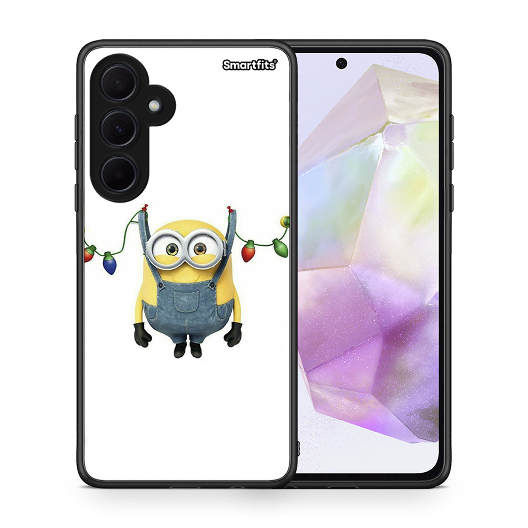 Θήκη Samsung Galaxy A35 Xmas Minion Lights από τη Smartfits με σχέδιο στο πίσω μέρος και μαύρο περίβλημα | Samsung Galaxy A35 Xmas Minion Lights case with colorful back and black bezels