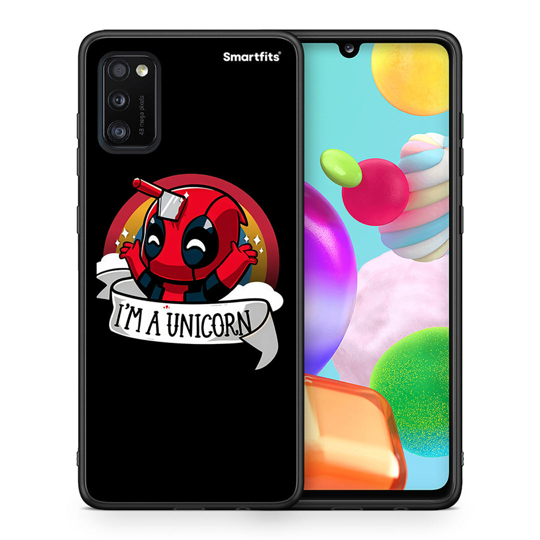 Θήκη Samsung A41 Unicorn Deadpool από τη Smartfits με σχέδιο στο πίσω μέρος και μαύρο περίβλημα | Samsung A41 Unicorn Deadpool case with colorful back and black bezels