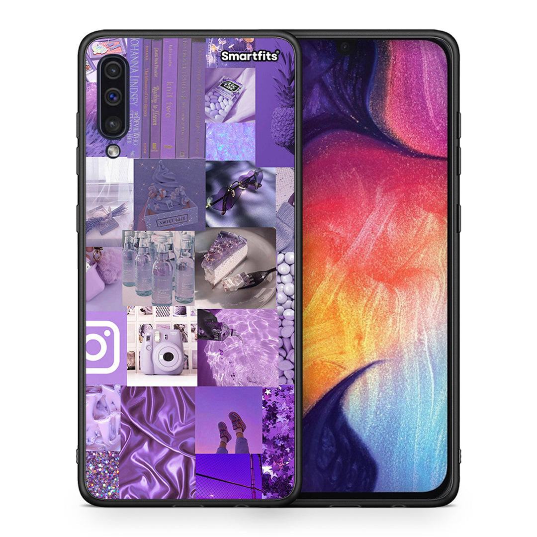 Θήκη Samsung A50/A30s Purple Aesthetic Collage από τη Smartfits με σχέδιο στο πίσω μέρος και μαύρο περίβλημα | Samsung A50/A30s Purple Aesthetic Collage case with colorful back and black bezels