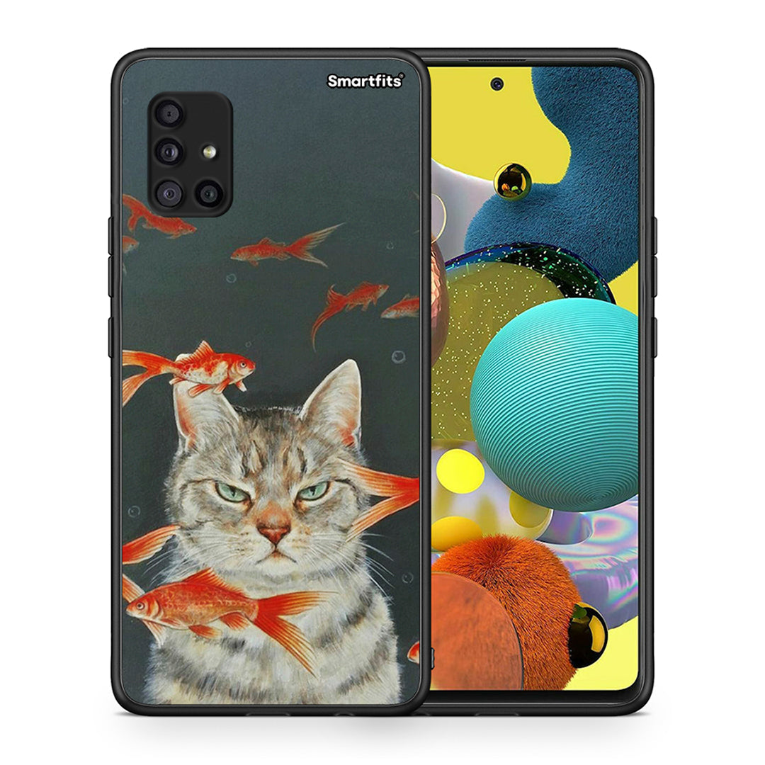 Θήκη Samsung Galaxy A51 5G Cat Goldfish από τη Smartfits με σχέδιο στο πίσω μέρος και μαύρο περίβλημα | Samsung Galaxy A51 5G Cat Goldfish case with colorful back and black bezels