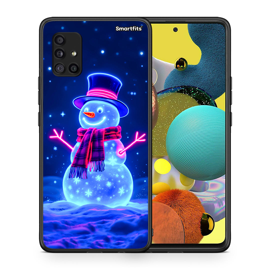 Θήκη Samsung Galaxy A51 5G Christmas Neon Snowman από τη Smartfits με σχέδιο στο πίσω μέρος και μαύρο περίβλημα | Samsung Galaxy A51 5G Christmas Neon Snowman case with colorful back and black bezels