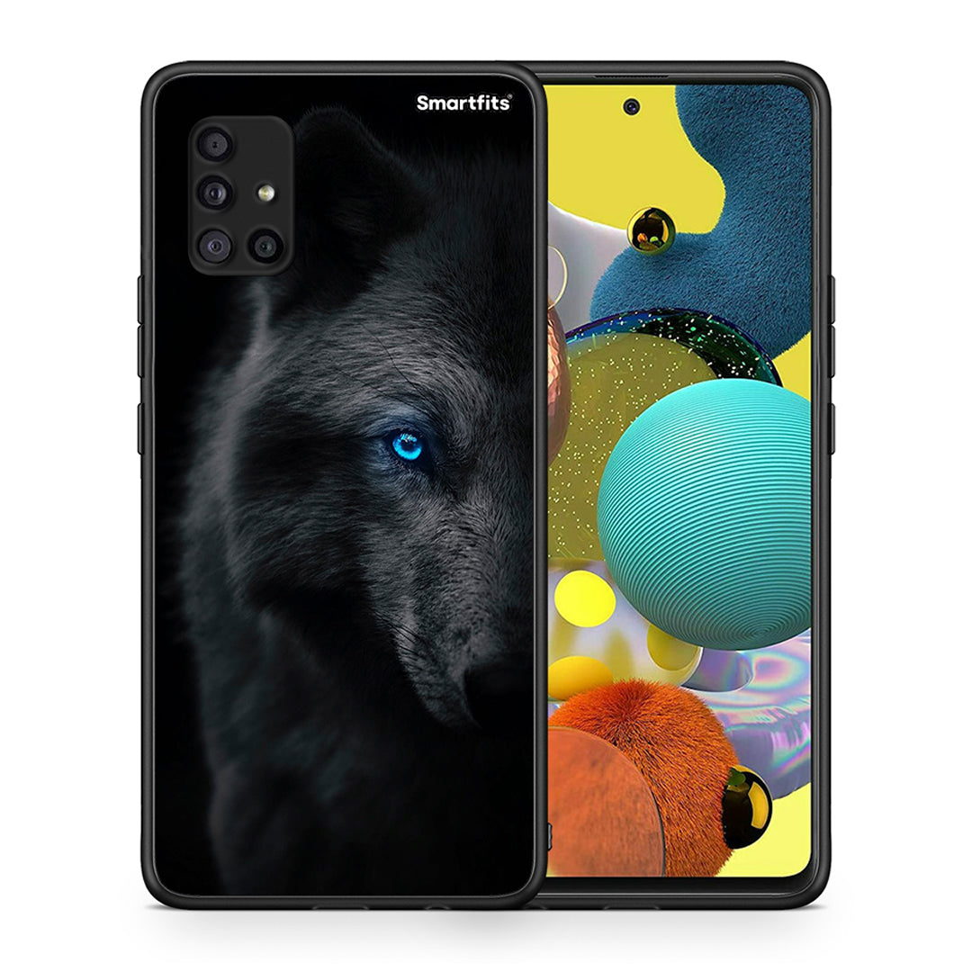 Θήκη Samsung Galaxy A51 5G Dark Wolf από τη Smartfits με σχέδιο στο πίσω μέρος και μαύρο περίβλημα | Samsung Galaxy A51 5G Dark Wolf case with colorful back and black bezels