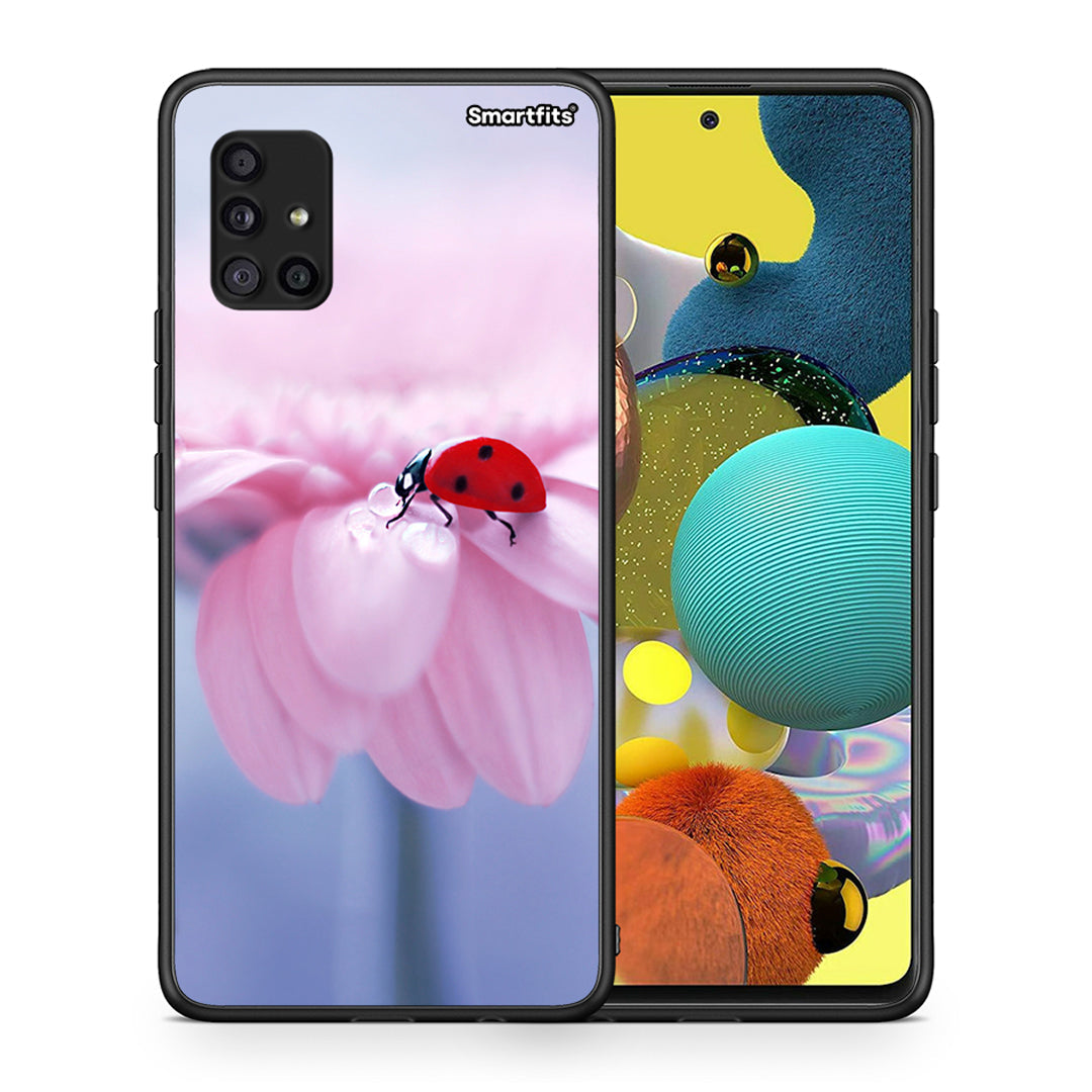 Θήκη Samsung Galaxy A51 5G Ladybug Flower από τη Smartfits με σχέδιο στο πίσω μέρος και μαύρο περίβλημα | Samsung Galaxy A51 5G Ladybug Flower case with colorful back and black bezels