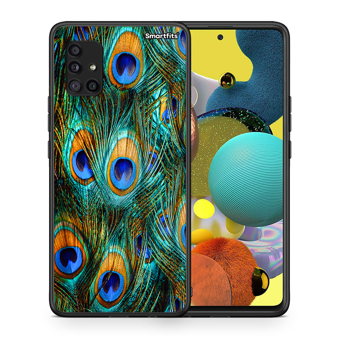 Θήκη Samsung Galaxy A51 5G Real Peacock Feathers από τη Smartfits με σχέδιο στο πίσω μέρος και μαύρο περίβλημα | Samsung Galaxy A51 5G Real Peacock Feathers case with colorful back and black bezels