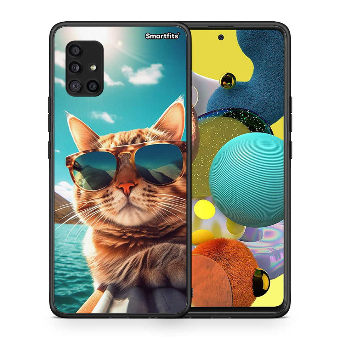 Θήκη Samsung Galaxy A51 5G Summer Cat από τη Smartfits με σχέδιο στο πίσω μέρος και μαύρο περίβλημα | Samsung Galaxy A51 5G Summer Cat case with colorful back and black bezels