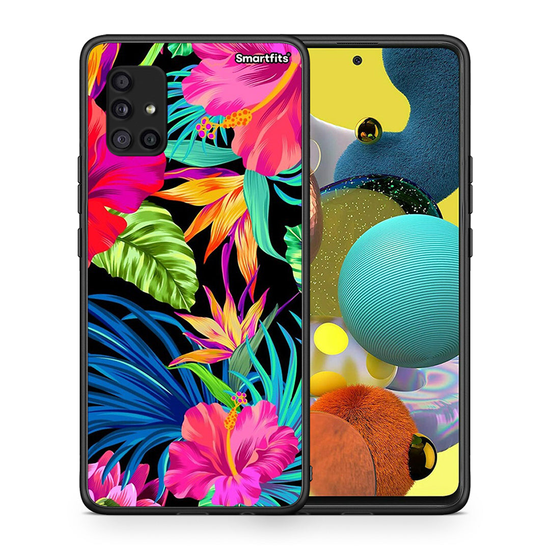 Θήκη Samsung Galaxy A51 5G Tropical Flowers από τη Smartfits με σχέδιο στο πίσω μέρος και μαύρο περίβλημα | Samsung Galaxy A51 5G Tropical Flowers case with colorful back and black bezels