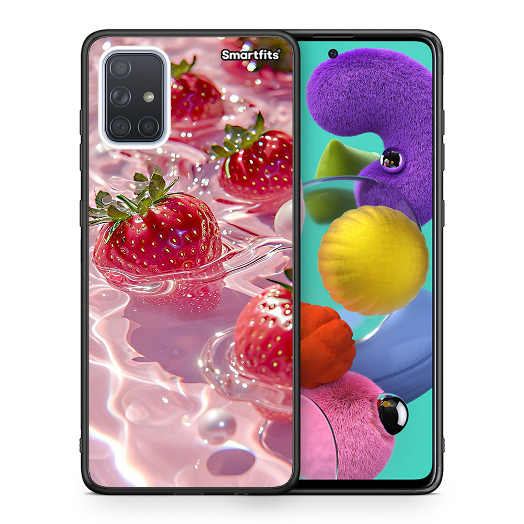 Θήκη Samsung A51 Juicy Strawberries από τη Smartfits με σχέδιο στο πίσω μέρος και μαύρο περίβλημα | Samsung A51 Juicy Strawberries case with colorful back and black bezels