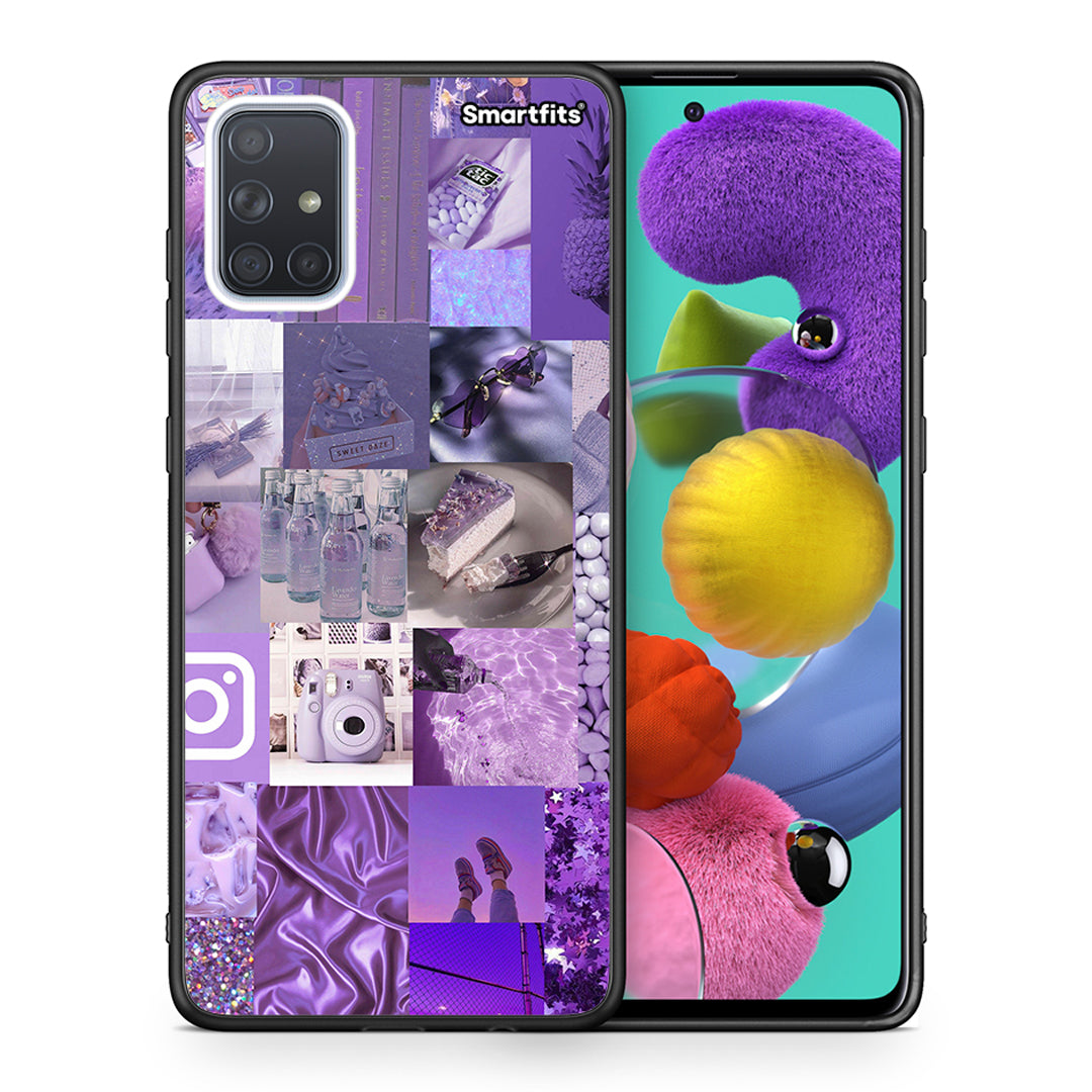 Θήκη Samsung A51 Purple Aesthetic Collage από τη Smartfits με σχέδιο στο πίσω μέρος και μαύρο περίβλημα | Samsung A51 Purple Aesthetic Collage case with colorful back and black bezels